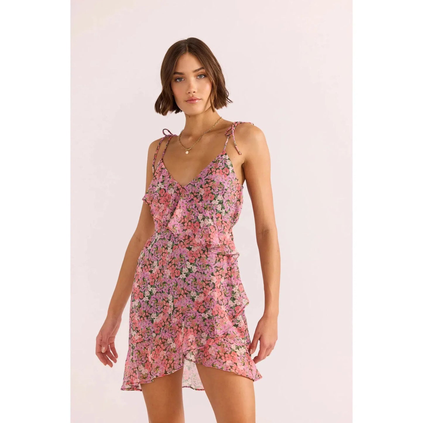 AMELIA RUFFLE MINI DRESS-LADIES DRESSES & JUMPERS-MINK PINK-JB Evans Fashions & Footwear