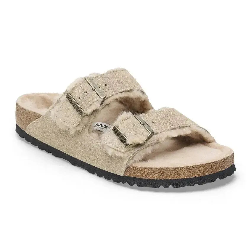 Brown Fur Lined Arizona Birkenstocks ARIZONA SHEARLING SUEDE TAUPE