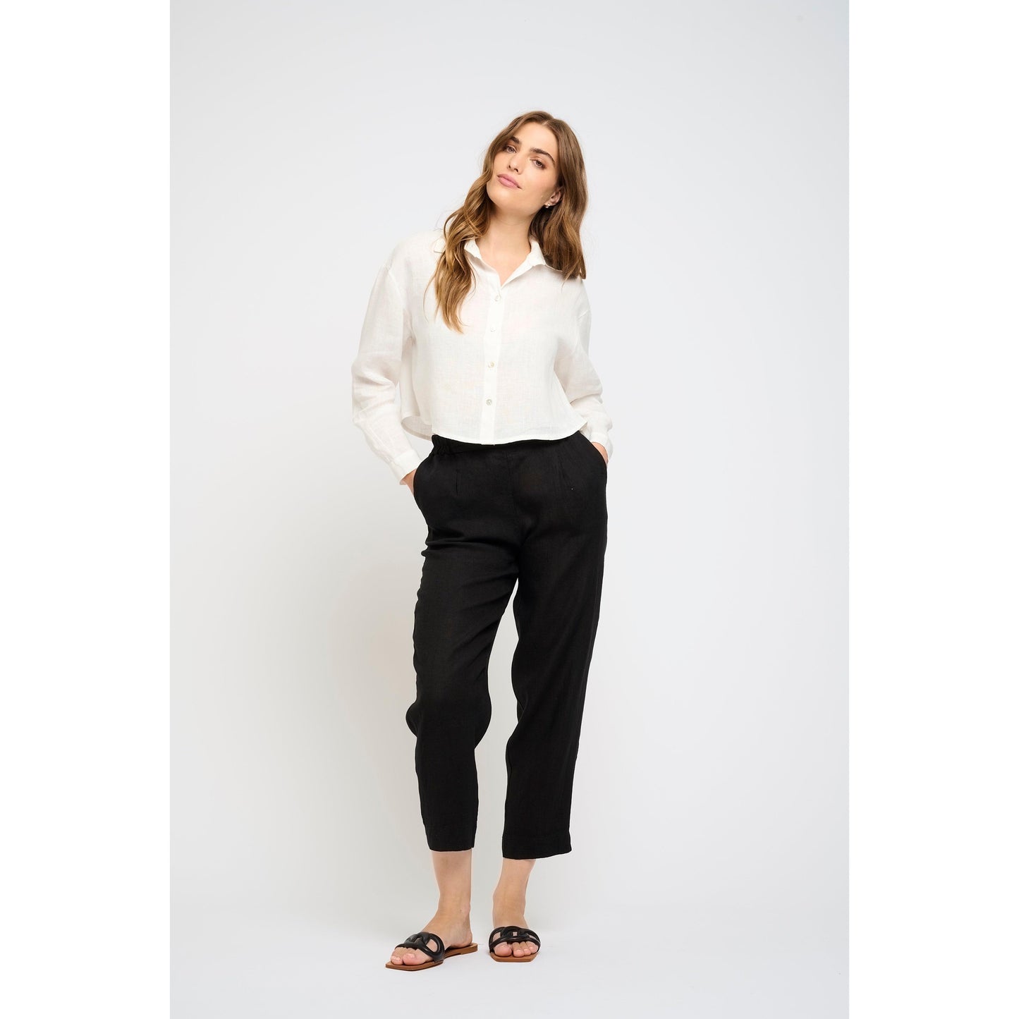CROPPED LINEN BLOUSE-LADIES TOPS-PISTACHE-JB Evans Fashions & Footwear