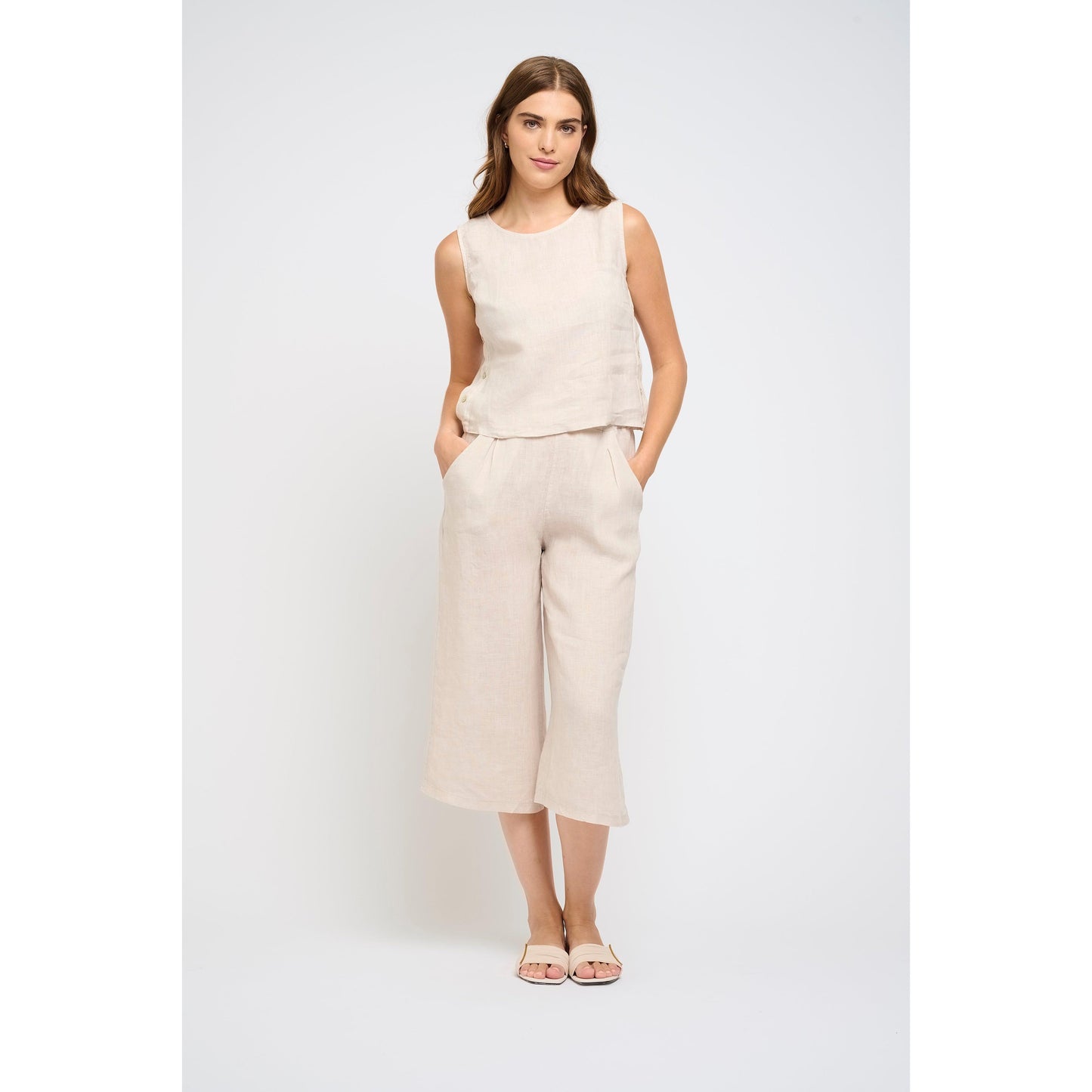 SLEEVLESS LINEN TOP W/ BUTTON SIDES-LADIES TOPS-PISTACHE-JB Evans Fashions & Footwear