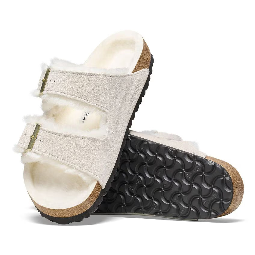 ARIZONA SHEARLING SUEDE ANTIQUE WHITE N-LADIES SANDALS-BIRKENSTOCK-JB Evans Fashions & Footwear