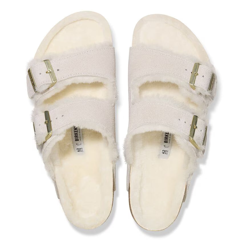 ARIZONA SHEARLING SUEDE ANTIQUE WHITE N-LADIES SANDALS-BIRKENSTOCK-JB Evans Fashions & Footwear
