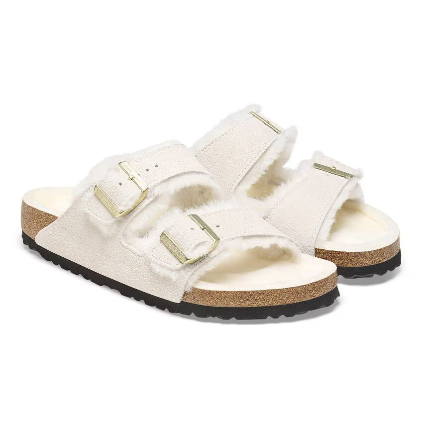 ARIZONA SHEARLING SUEDE ANTIQUE WHITE N-LADIES SANDALS-BIRKENSTOCK-JB Evans Fashions & Footwear