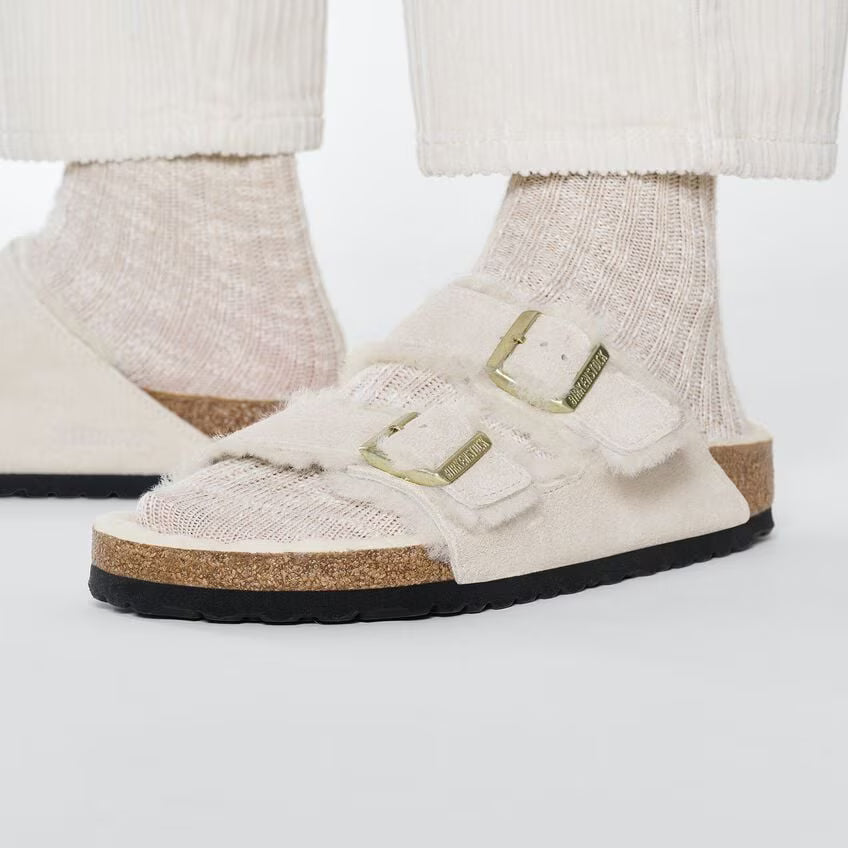ARIZONA SHEARLING SUEDE ANTIQUE WHITE N-LADIES SANDALS-BIRKENSTOCK-JB Evans Fashions & Footwear