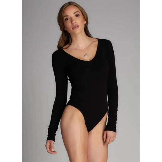 BAMBOO V NECK BODY SUIT-CEBS1207-BLK-O/SBLK-LADIES TOPS-C'EST MOI-JB Evans Fashions & Footwear