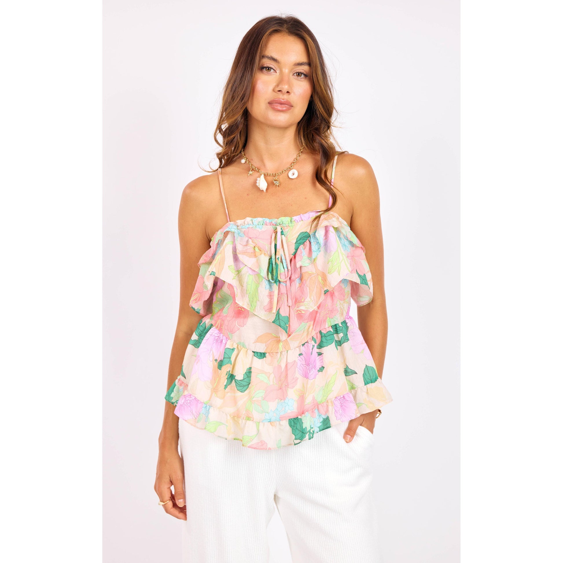 BLOOM REVIVAL RUFFLE CAMI-LADIES TOPS-SAGE THE LABEL-JB Evans Fashions & Footwear