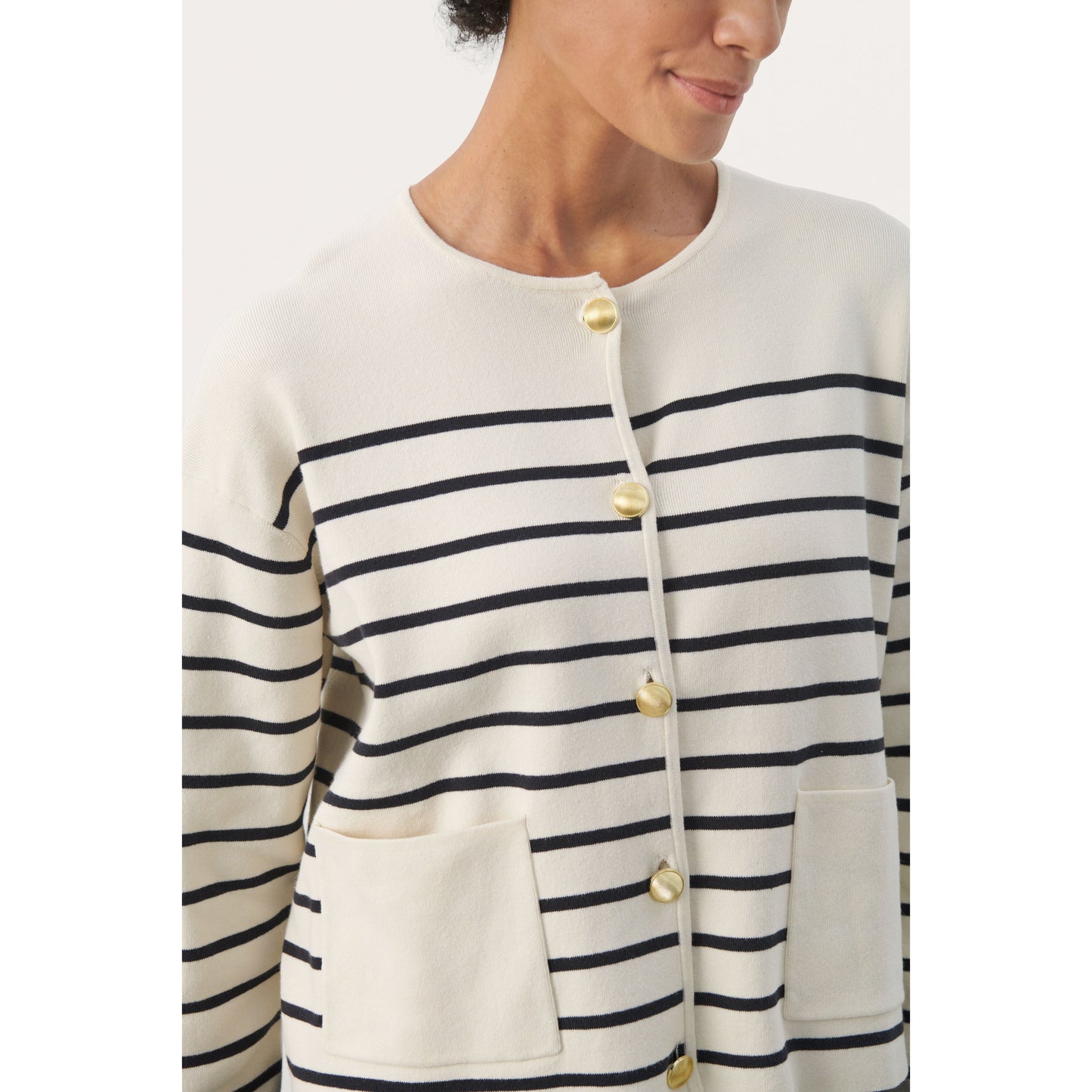 ELODIE BUTTON FRONT CARDI W/ STRIPE-LADIES SWEATERS & KNITS-MATINIQUE-JB Evans Fashions & Footwear