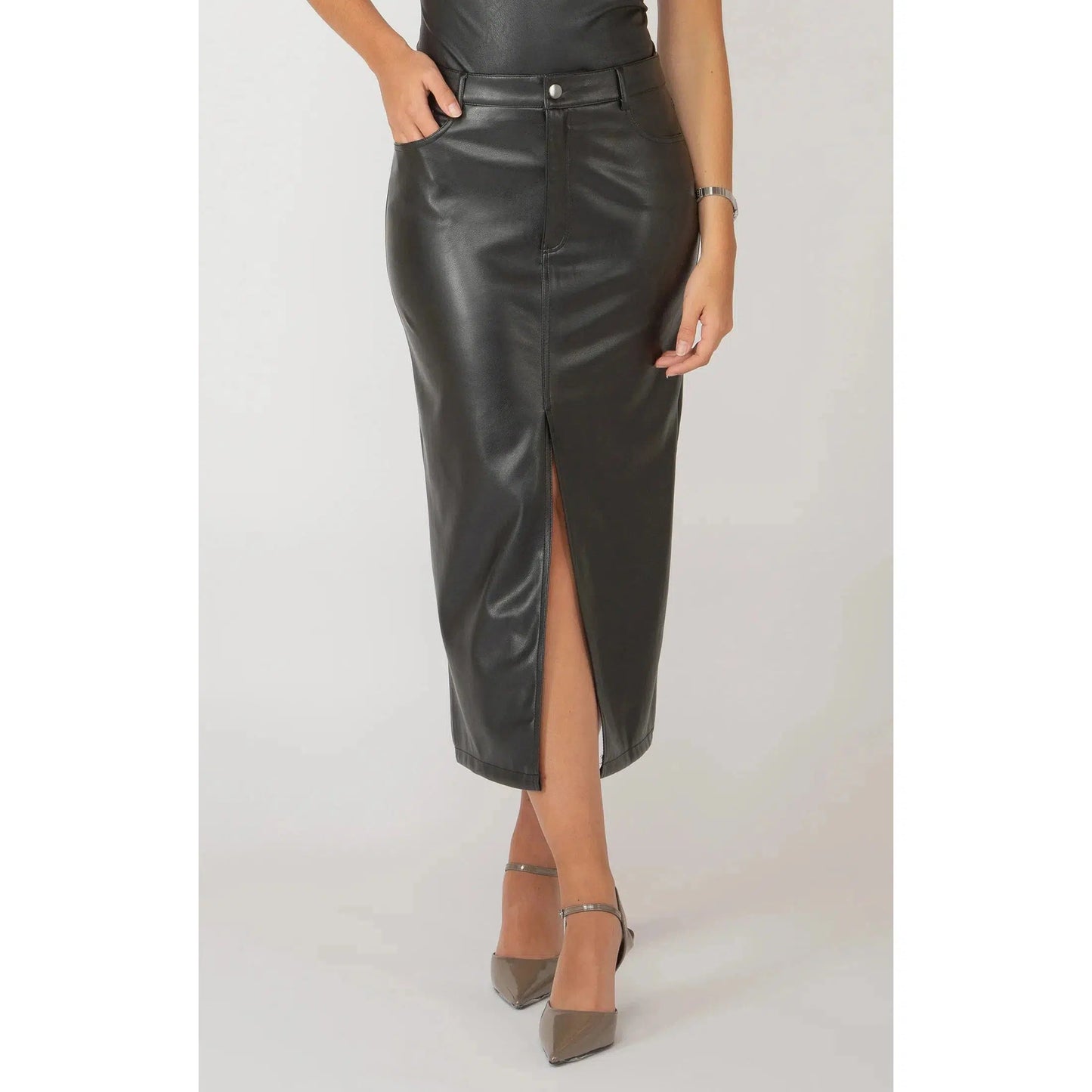 FAUX LEATHER MIDI SKIRT-SKIRTS-DEX-JB Evans Fashions & Footwear