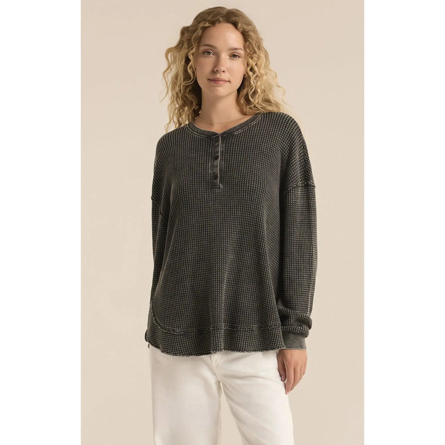 JAX COZY WAFFLE HENLEY - BLACK-LADIES TOPS-Z SUPPLY-JB Evans Fashions & Footwear