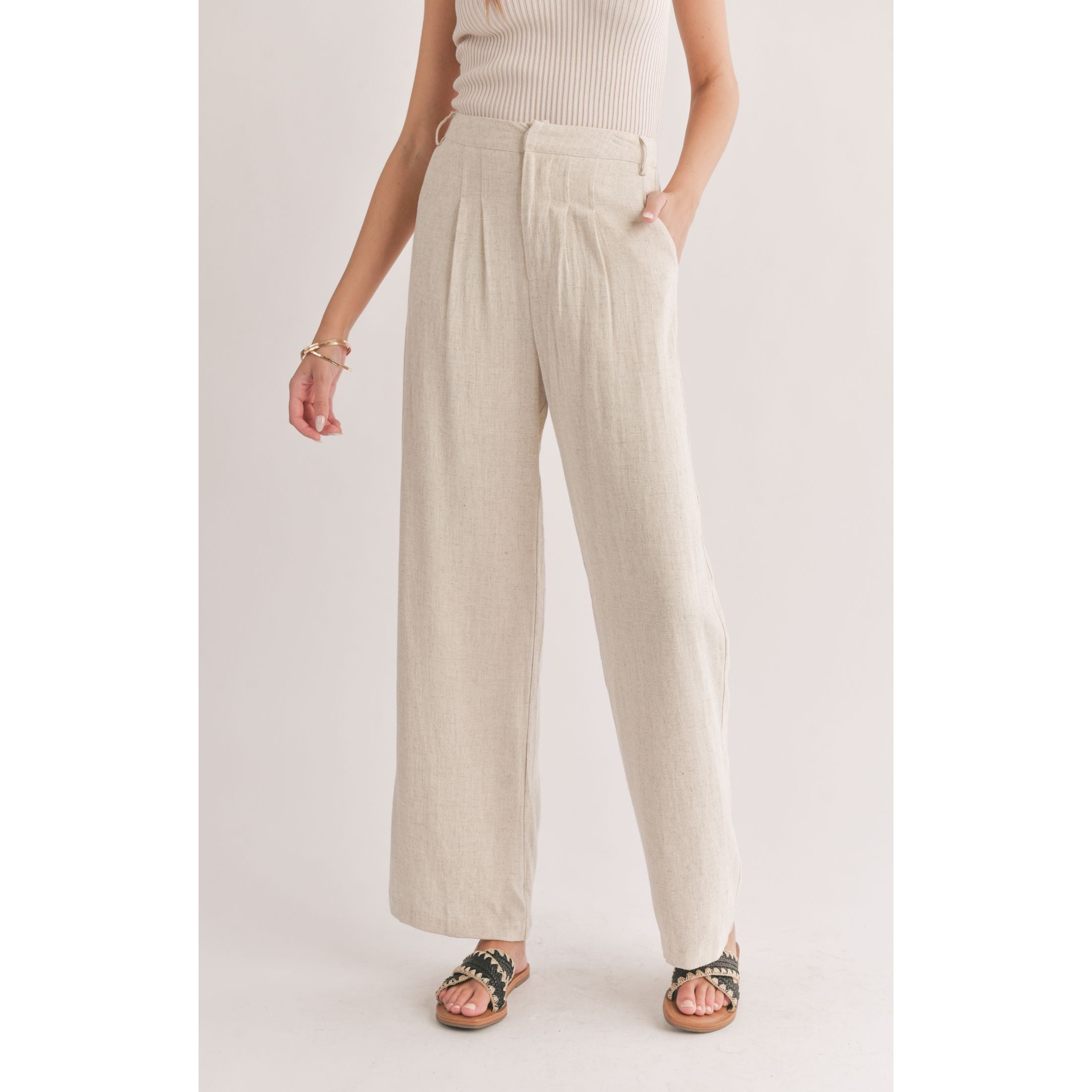 Ladies Trousers, Ladies Navy Blue Cotton Linen Trousers Button Pocket  Pleated Nine Points Straight Pants Summer Baggy Wide Leg Trousers Back  Elastic High Waist Flared Pants For Women Work Leisure Be :