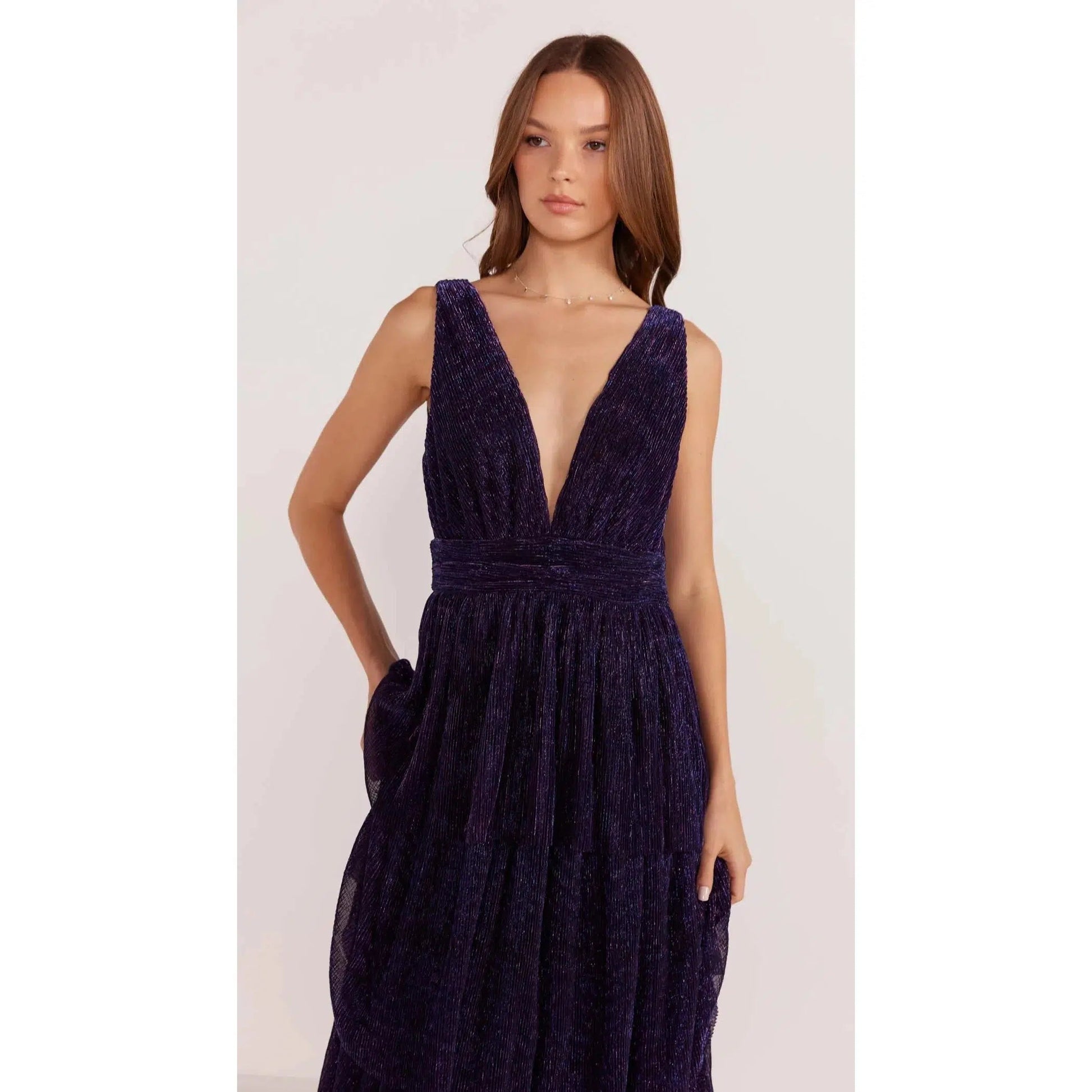 LUREX PLISSE MAXI DRESS-LADIES DRESSES & JUMPERS-MINK PINK-JB Evans Fashions & Footwear