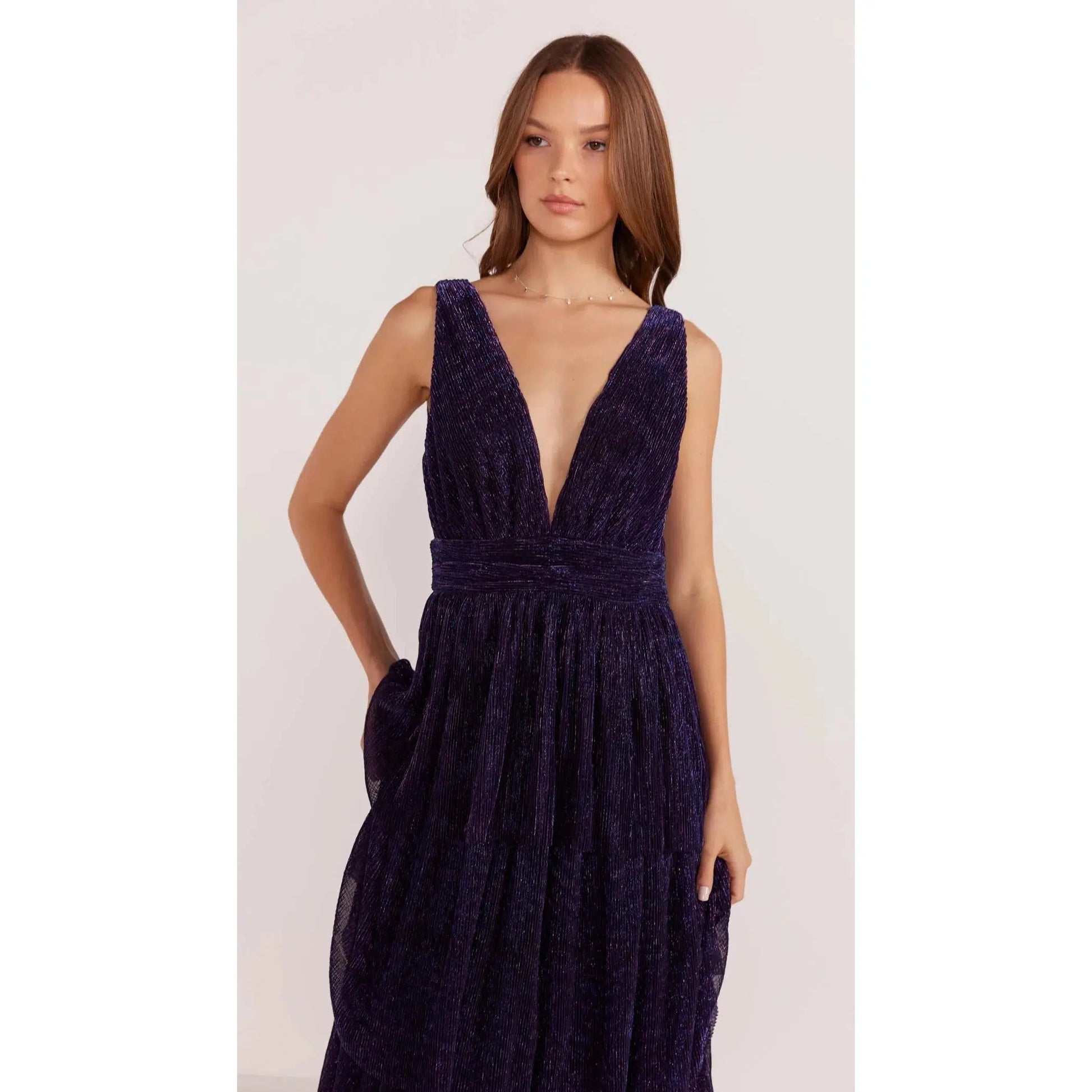 LUREX PLISSE MIDI DRESS-LADIES DRESSES & JUMPERS-MINK PINK-JB Evans Fashions & Footwear