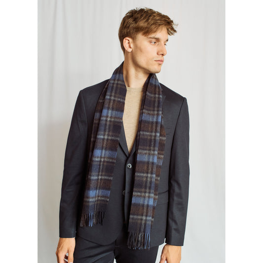 MERLIN SCARF NAVY CHECK-2402-01001-NVY-NVYWOOL-SCARVES-BRUUN STENGADE-JB Evans Fashions & Footwear