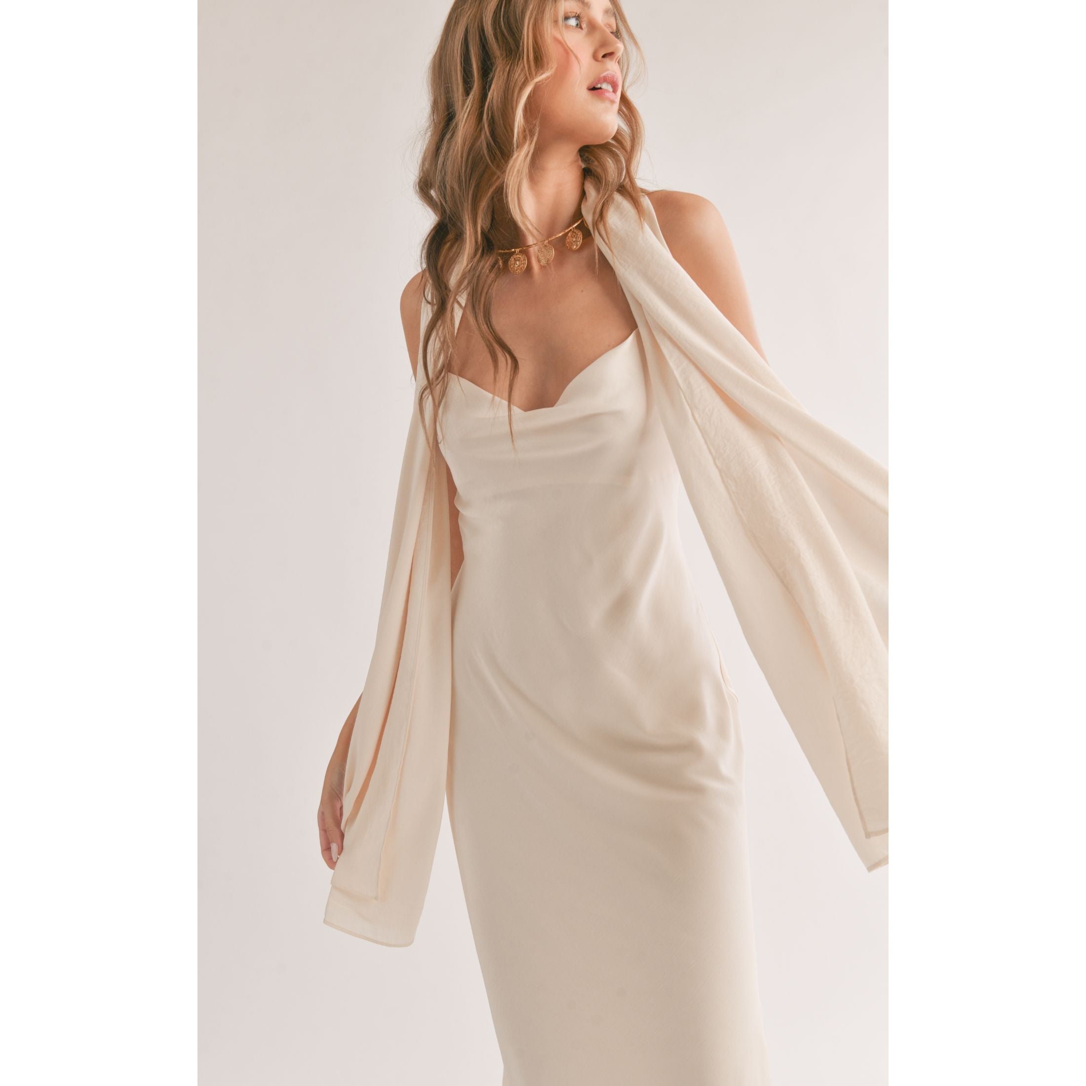 MIRAGE COWL NECK MIDI DRESS WITH SHAWL JB Evans Fashions Footwear