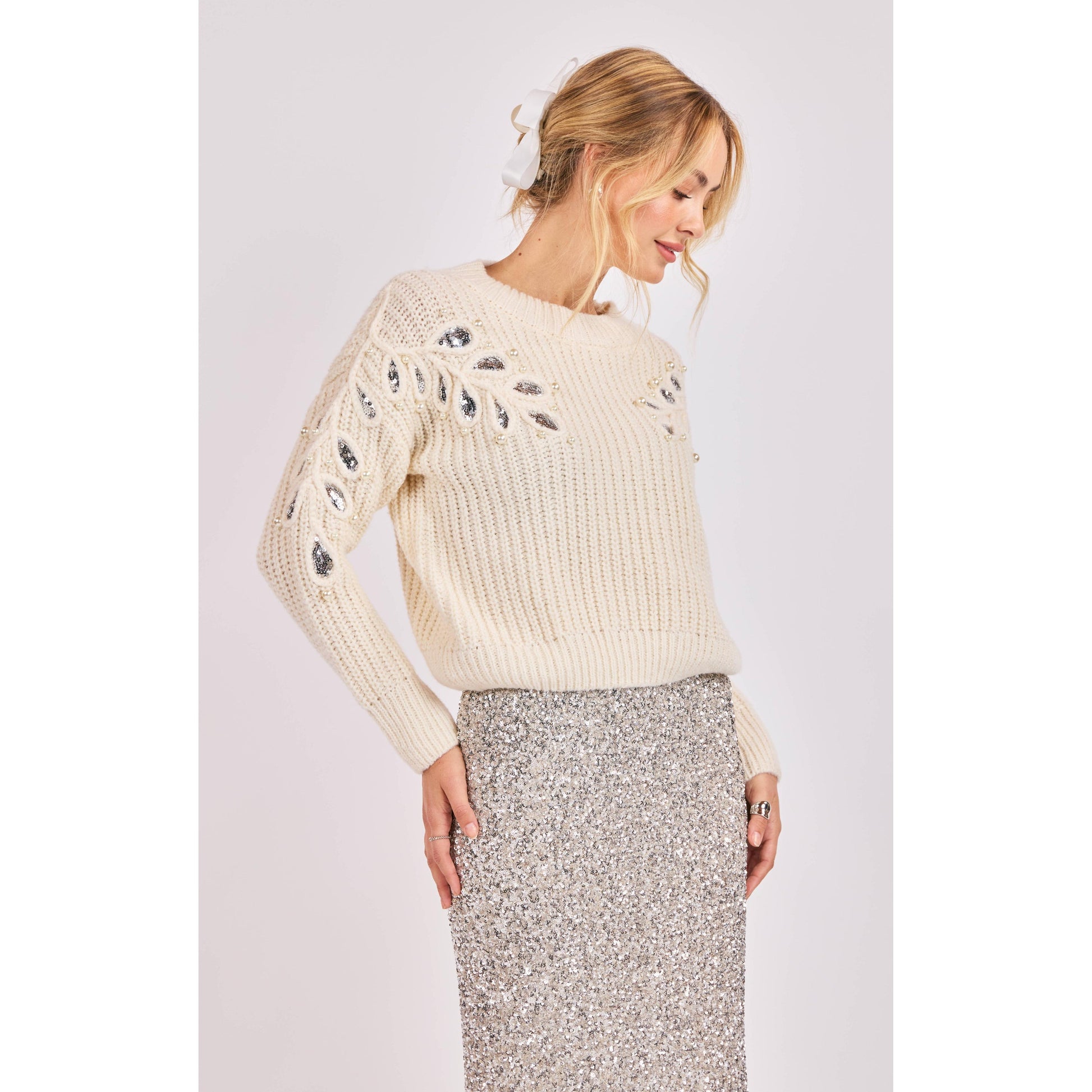 MONROE LEAF CUTOUT EMBELLISHED SWEATER-LADIES SWEATERS & KNITS-SADIE & SAGE-JB Evans Fashions & Footwear