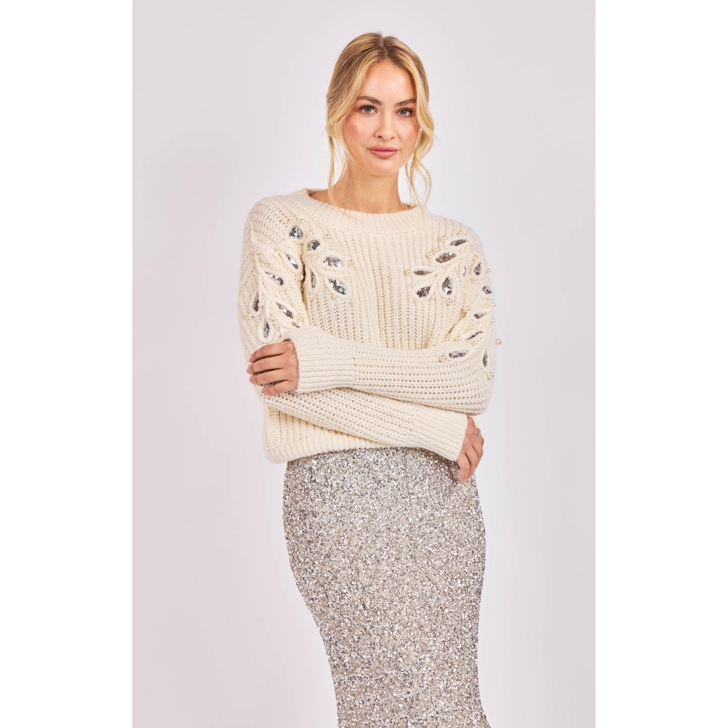 MONROE LEAF CUTOUT EMBELLISHED SWEATER-LADIES SWEATERS & KNITS-SADIE & SAGE-JB Evans Fashions & Footwear