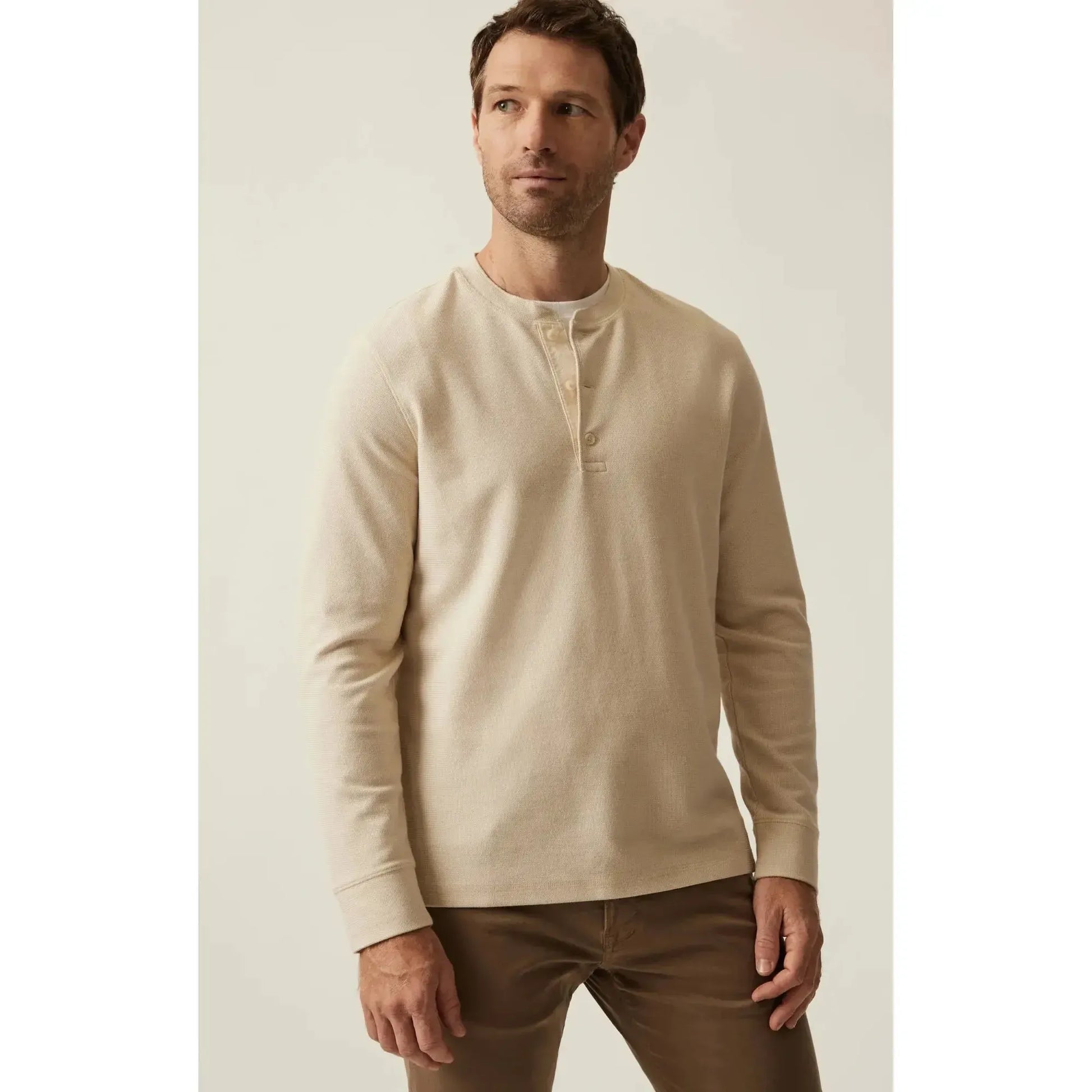 OATMEAL WAFFLE KNIT HENLEY-MENS T-SHIRTS & POLO'S-34 HERITAGE-JB Evans Fashions & Footwear