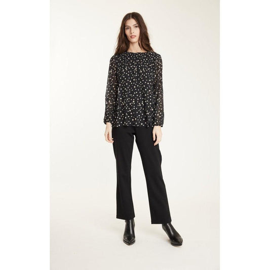 PLEATED GEORGETTE BLOUSE IN DOTTED PRINT-LADIES DRESSES & JUMPERS-PISTACHE-JB Evans Fashions & Footwear