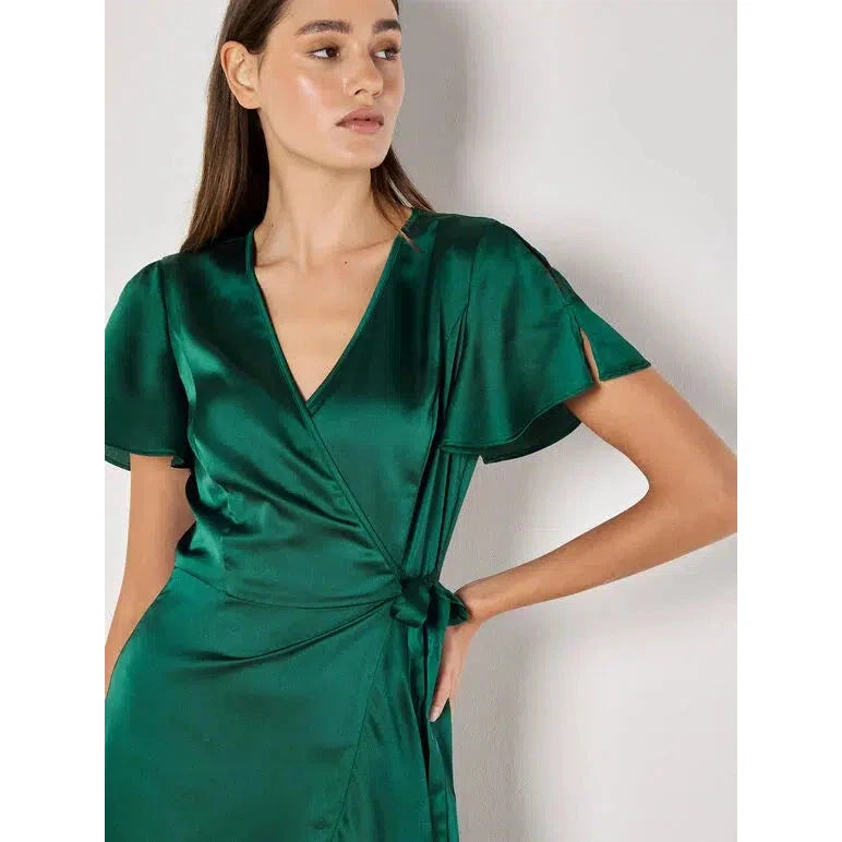 SATIN RUFFLE WRAP DRESS-LADIES DRESSES & JUMPERS-APRICOT-JB Evans Fashions & Footwear