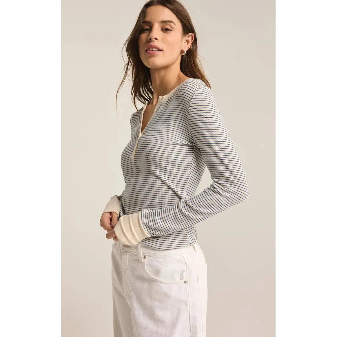 SCARLETT STRIPE RIB HENLEY - SEA SALT-LADIES TOPS-Z SUPPLY-JB Evans Fashions & Footwear