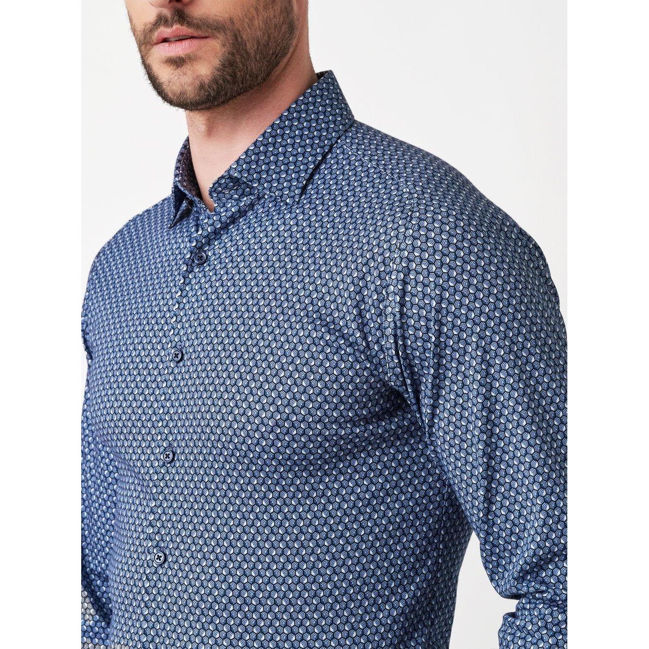 SLIM FIT STRETCH SMALL CUBE PRINT-MENS SHIRTS-DESOTO-JB Evans Fashions & Footwear
