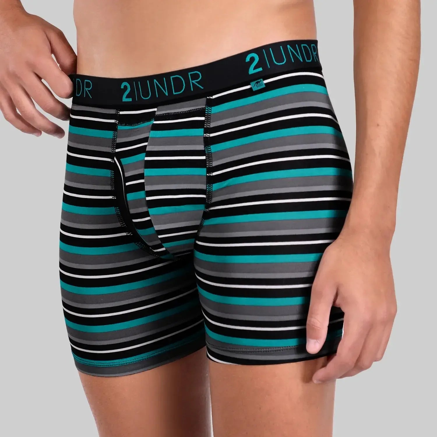 SWING SHIFT 6" BOXER BRIEF - TEAL STRIPE-MENS UNDERWEAR-2UNDR-JB Evans Fashions & Footwear