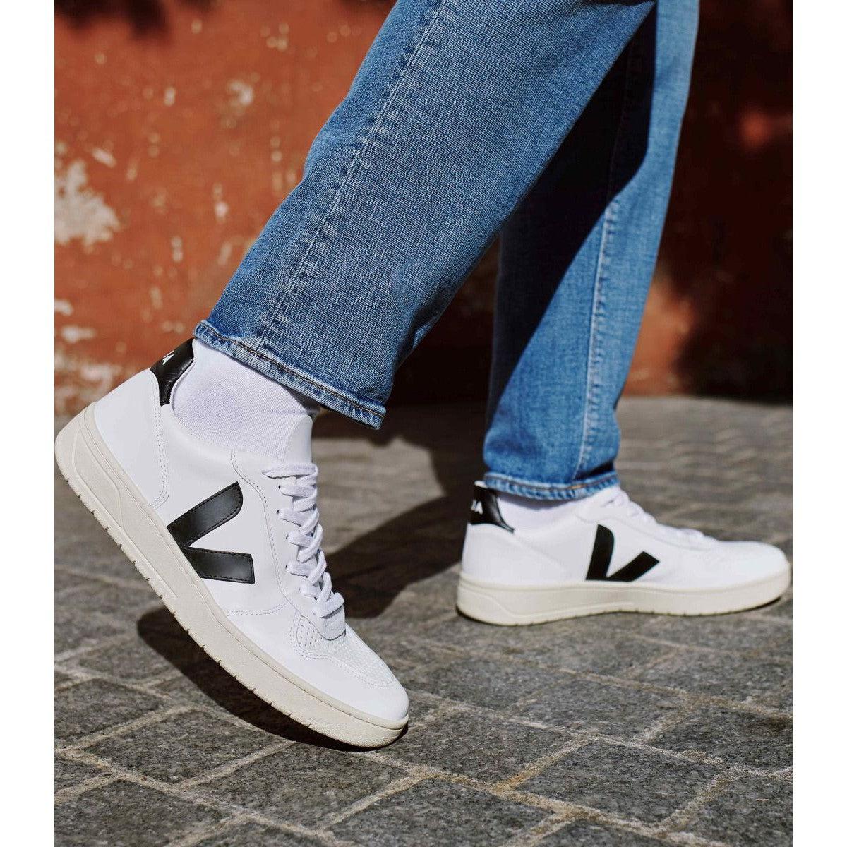 V-10 LEATHER WHITE BLACK-MENS SNEAKERS-VEJA-JB Evans Fashions & Footwear