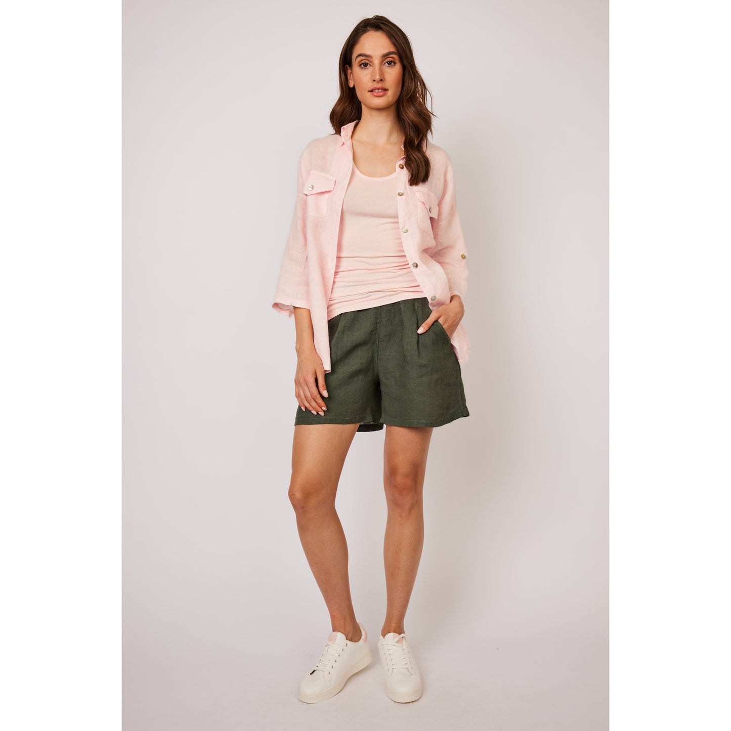 LINEN SHORTS-LADIES SHORTS-PISTACHE-JB Evans Fashions & Footwear